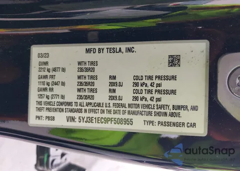 2023 Tesla Model 3 из США, поврежденный, VIN 5YJ3E1EC9PF508955